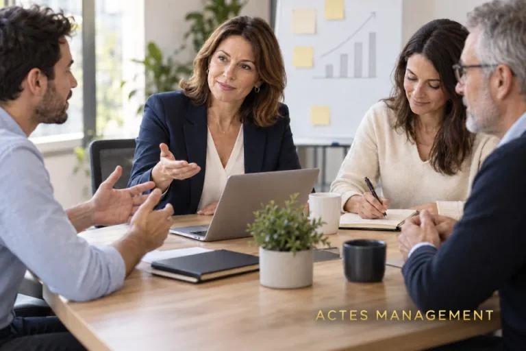 Une manager anime un échange constructif avec son équipe.