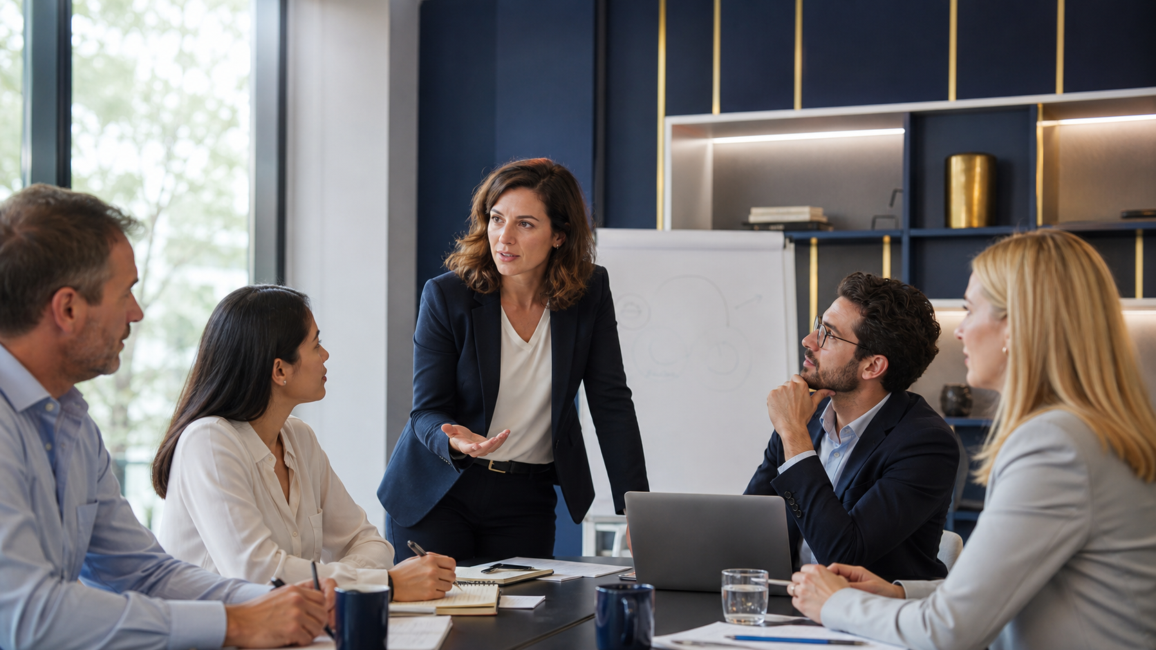 Manager animant une discussion professionnelle pour s&rsquo;approprier son r&ocirc;le