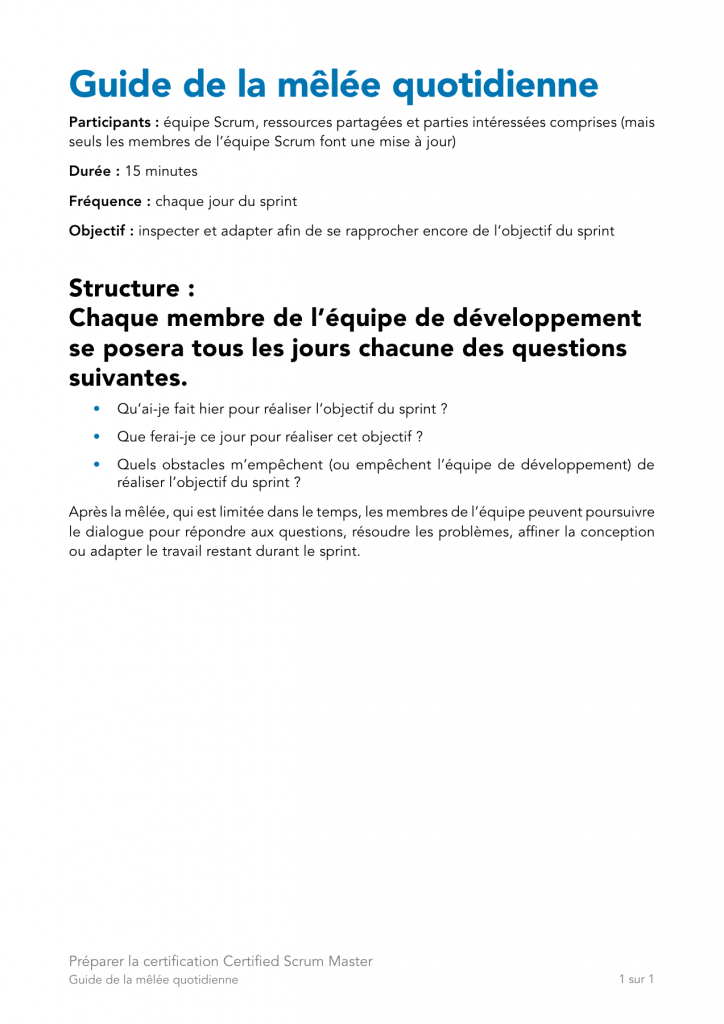 Extrait du livret : guide de la mêlée quotidienne — Scrum Master – Module 3 : les événements Scrum