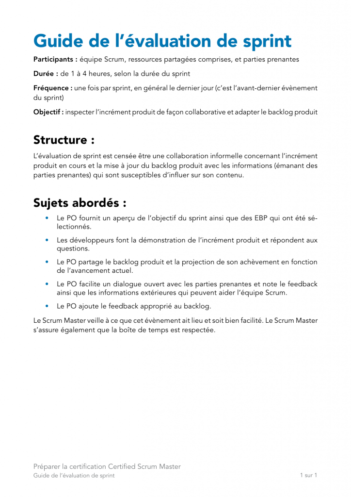 Extrait du livret : guide d’évaluation du sprint — Scrum Master – Module 4 : les artefacts Scrum