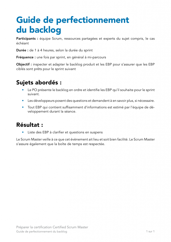 Extrait du livret : perfectionnement du backlog — Scrum Master – Module 5 : suivre l’avancement