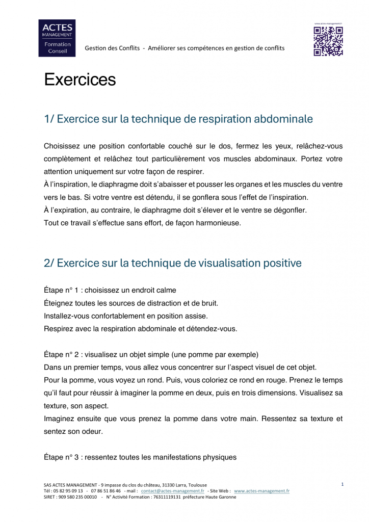 Extrait du support : exercices de respiration et de visualisation positive — Gestion des conflits : anticiper et agir