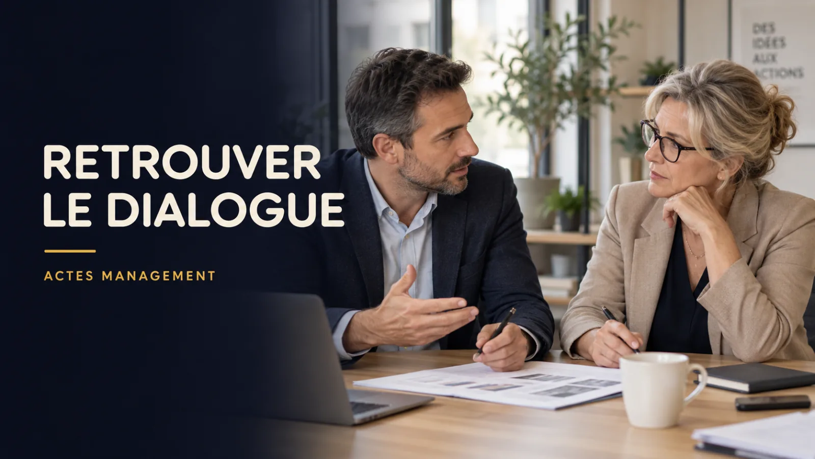 Deux collègues examinent un document pour retrouver un dialogue sur leur travail.