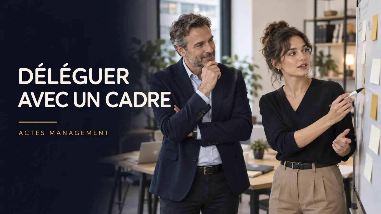 Un manager et une collaboratrice précisent une mission devant un tableau de travail.