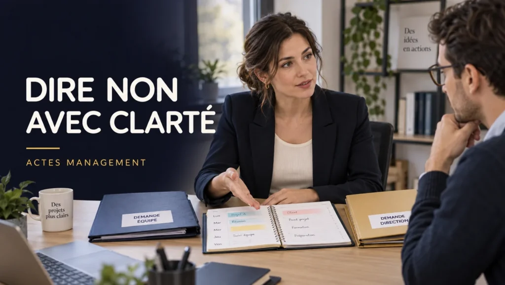 Une responsable échange avec un collègue devant deux dossiers urgents : dire non avec clarté.