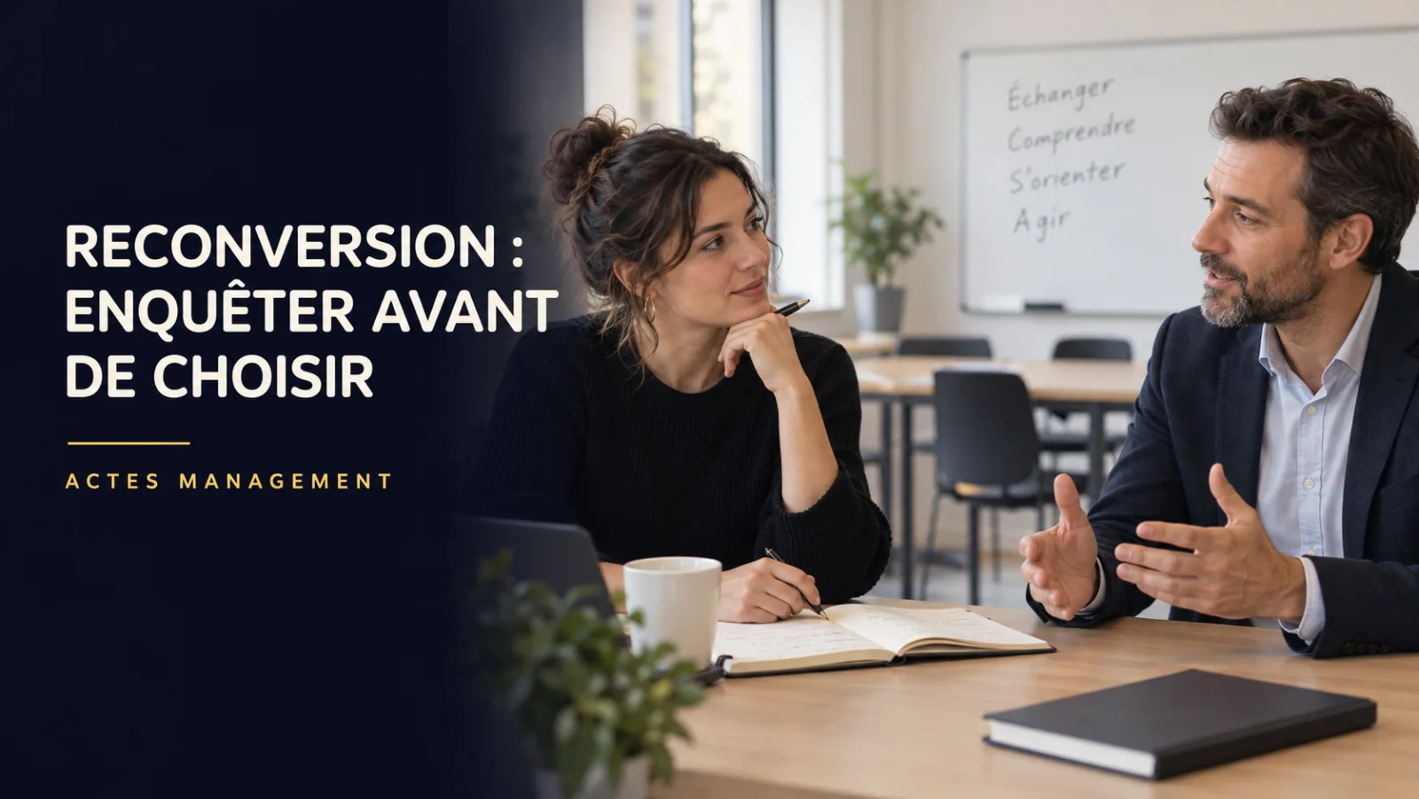 Une professionnelle mène une enquête métier auprès d’un formateur pour préparer sa reconversion.