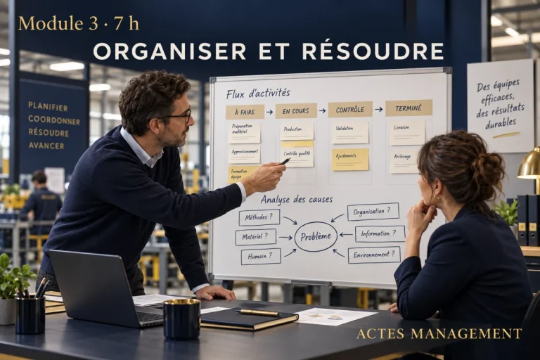 Deux responsables analysent un tableau de processus pour organiser le service et résoudre un problème.
