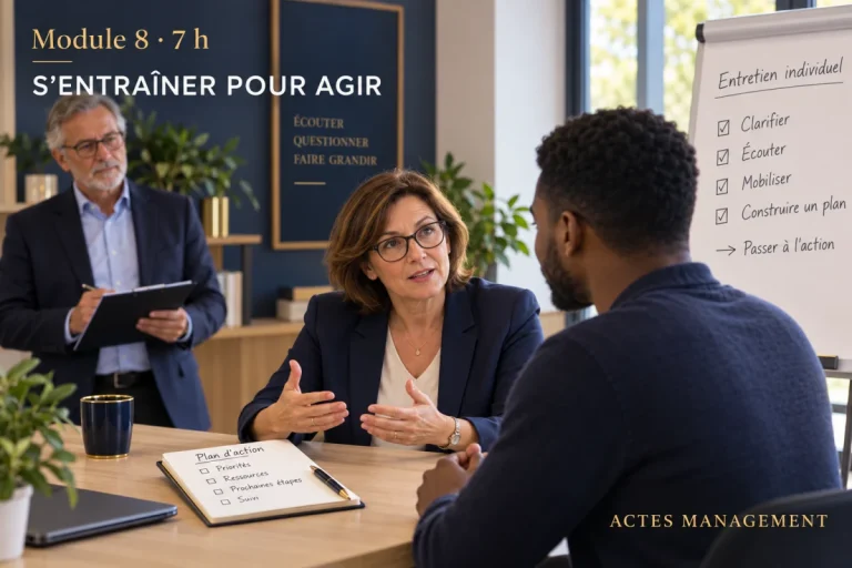 Deux participants s’entraînent à un entretien managérial sous le regard d’une formatrice.