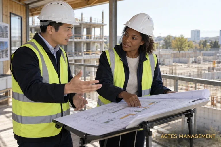 Deux partenaires B2B clarifient les étapes et les engagements d’un projet sur site.