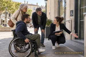 Des habitants et une agente municipale échangent sur l’accessibilité d’un lieu public.