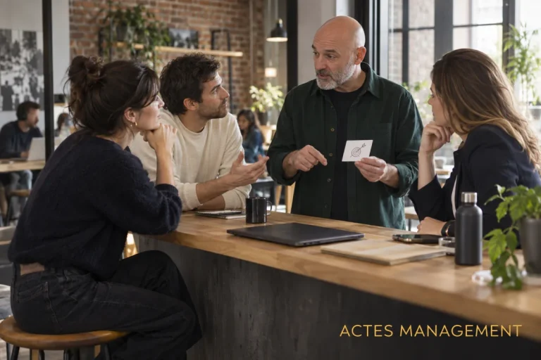 Un consultant travaille l’argumentation et le plan d’action avec des professionnels dans un espace collaboratif.