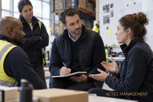 Un encadrant écoute une collaboratrice et traduit l’échange en engagement concret.