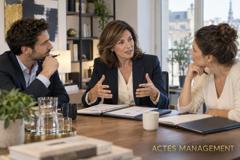 Une dirigeante accompagne ses responsables d’équipe autour d’une vision et de priorités communes.