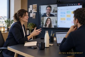 Une manager anime une réunion hybride avec des collaborateurs présents et à distance.