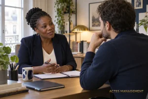 Une professionnelle RH échange avec un salarié sur ses compétences et son évolution professionnelle.