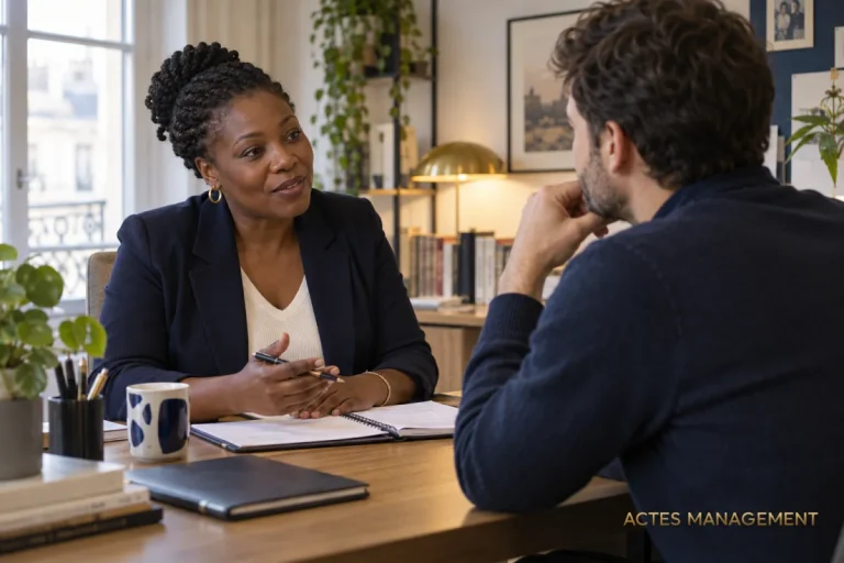 Une professionnelle RH échange avec un salarié sur ses compétences et son évolution professionnelle.