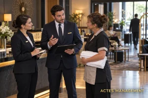 Un manager hôtelier coordonne les équipes de réception et d’étage avant la prise de service.