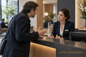 Une professionnelle de l’accueil garde une posture calme face à une situation difficile.
