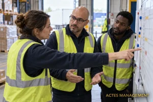 Un responsable régule un désaccord entre collègues lors d’une relève d’équipe en logistique.