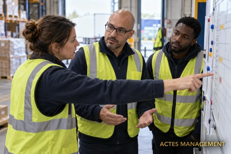 Un responsable régule un désaccord entre collègues lors d’une relève d’équipe en logistique.