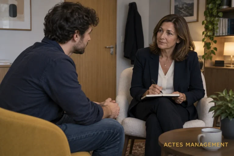 Une référente accueille la parole d’un salarié lors d’un entretien confidentiel de prévention du harcèlement.
