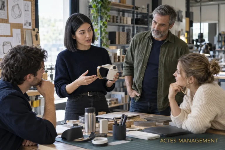 Un responsable soutient la présentation d’une collaboratrice dans un atelier de conception.