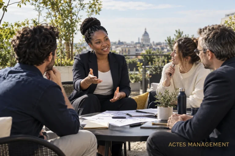 Une responsable encourage les contributions de son équipe autour d’un projet partagé.