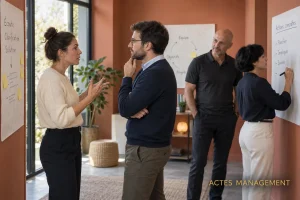 Des professionnels s’entraînent en atelier à partir de mises en situation managériales.