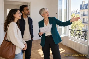 Une agente immobilière présente un logement et des critères transparents à des candidats locataires.