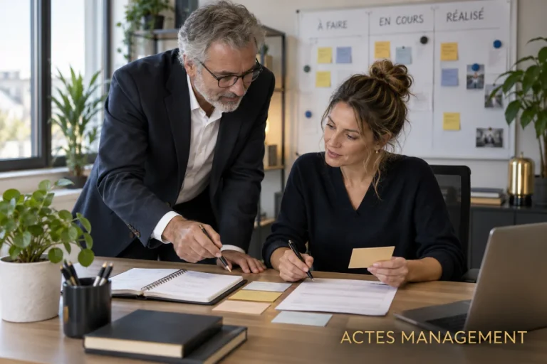 Un encadrant utilise un agenda et des supports de suivi pour organiser son management quotidien.