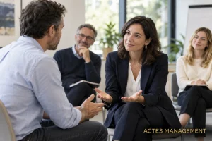 Deux participants travaillent l’écoute, les mots et la posture pendant un exercice de communication.