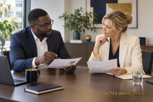 Deux managers comparent leurs propositions pour préparer un accord négocié.