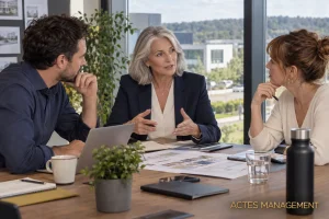 Une dirigeante arbitre les priorités et délègue des responsabilités à ses managers.