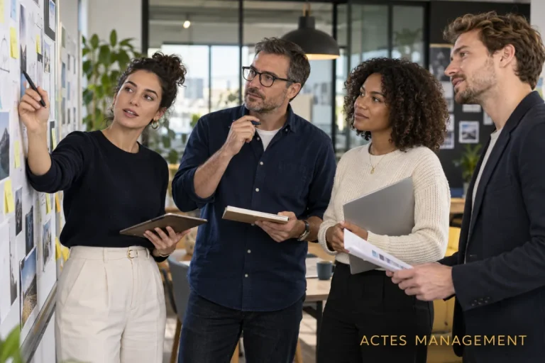 Une coordinatrice fait coopérer des collègues de plusieurs métiers autour d’un projet commun.