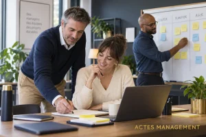 Des managers travaillent sur un plan d’action pendant un parcours de formation.