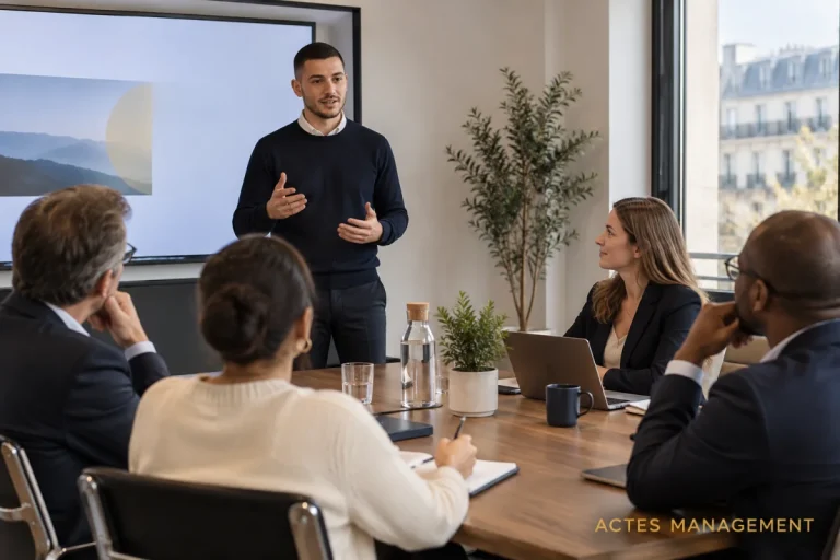 Un professionnel s’entraîne à prendre la parole devant un petit groupe.