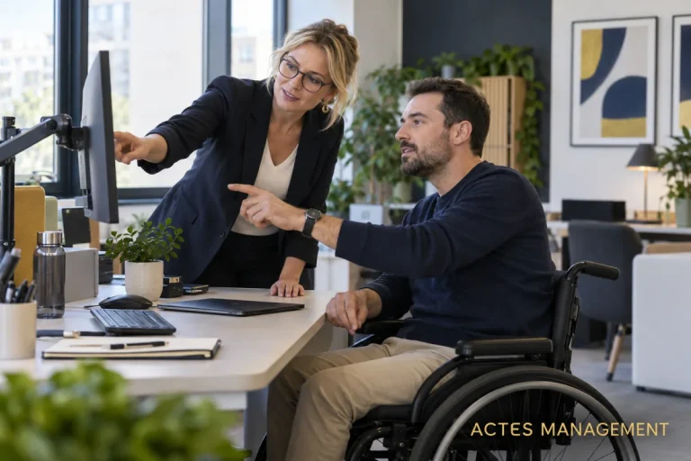 Une référente handicap échange avec un salarié sur l’aménagement de son poste de travail.