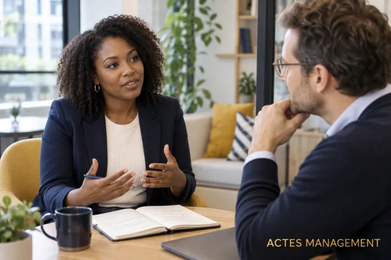 Une professionnelle affirme son point de vue lors d’un échange individuel.