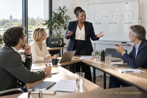Une animatrice structure une réunion et donne la parole aux participants.