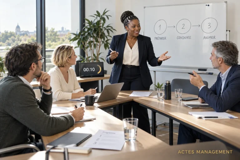 Une animatrice structure une réunion et donne la parole aux participants.