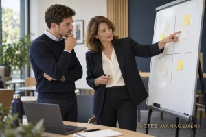 Un futur manager échange avec une accompagnatrice sur ses responsabilités professionnelles.
