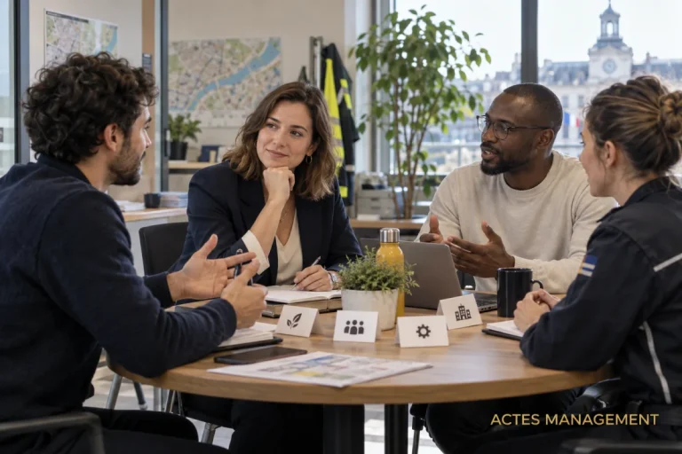 Une manager et son équipe échangent autour d’une table de travail.