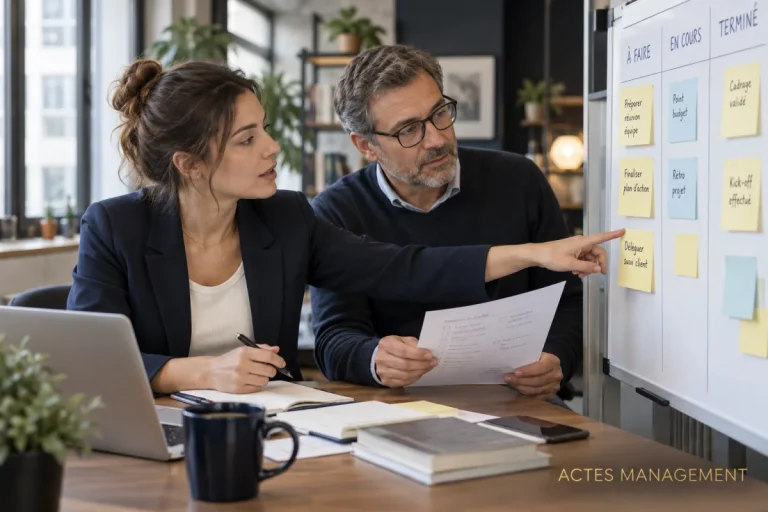 Une responsable et son interlocuteur échangent devant un tableau de travail.