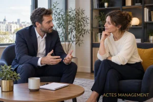 Un manager conduit un échange individuel avec une collaboratrice.