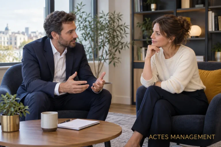 Un manager conduit un échange individuel avec une collaboratrice.