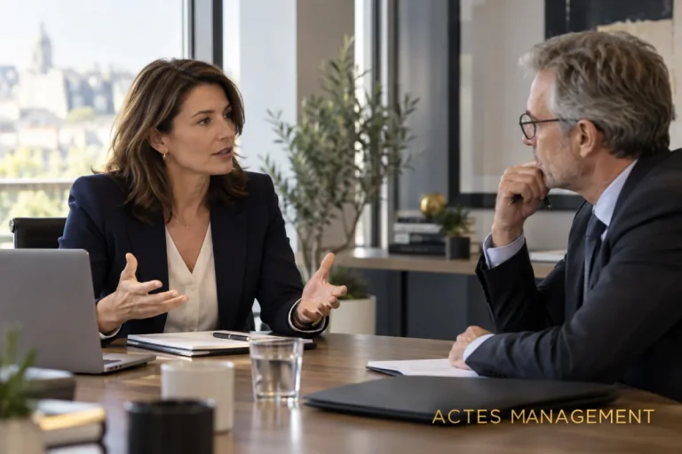 Une responsable expose une demande avec assurance à son interlocuteur hiérarchique.