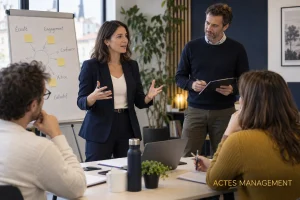 Une participante s’entraîne à animer un briefing managérial pendant une formation.