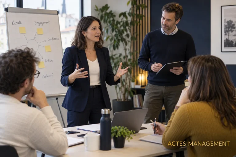 Une participante s’entraîne à animer un briefing managérial pendant une formation.