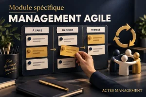 Illustration du management agile : tableau de tâches et cycle de progression.