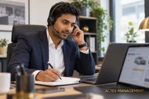 Un commercial écoute son interlocuteur au téléphone et prépare une réponse à sa demande.